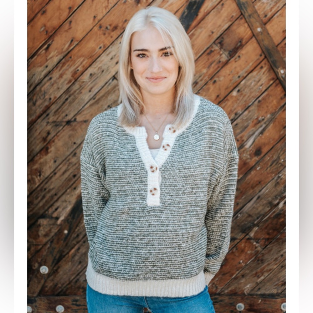 Perch by Blu Pepper Cream & Olive Green Striped Button Sweater